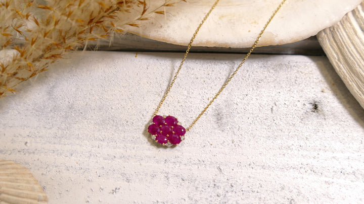 14k - Yellow Gold Cluster Ruby Oval Necklace