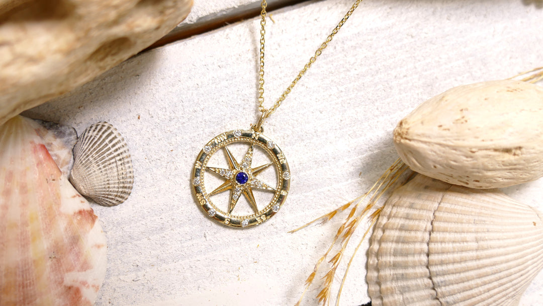 14k Yellow Gold Compass 0.14ct + 0.07ct Blue Sapphire Diamond