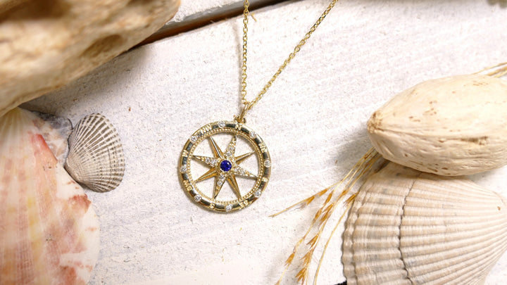 14k Yellow Gold Compass 0.14ct + 0.07ct Blue Sapphire Diamond