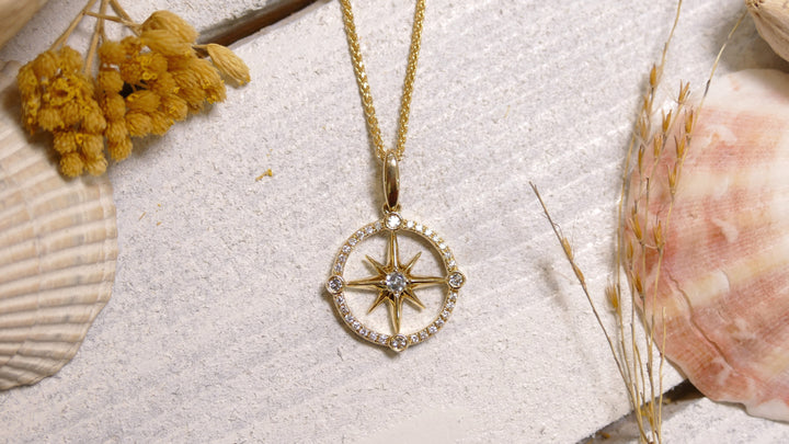 14k - Yellow Gold Natural Diamond Compass Pendant