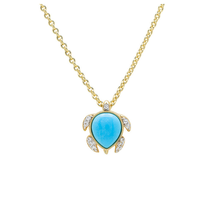 Ocean - Sterling Silver - Gold Vermeil White Lab Sapphire Turquoise Turtle Necklace