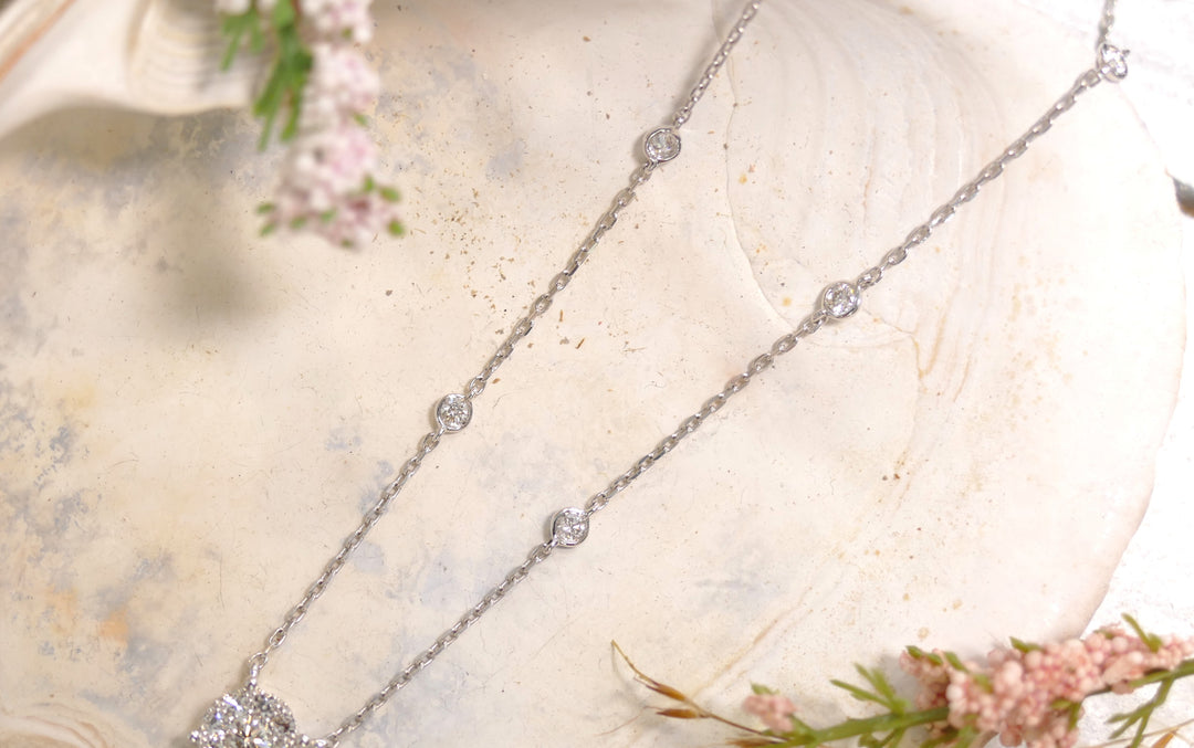 14k White Gold Diamond With 8 Accented Bezel Diamonds Necklace