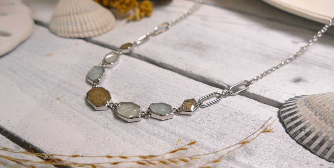 Dune - Sterling Silver - Mother of Pearl - "Rock & Tide" Aquamarine Ocean City Beach Sand Necklace