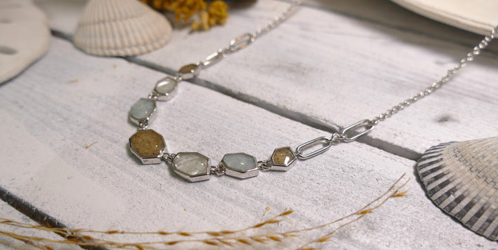 Dune - Sterling Silver - Mother of Pearl - "Rock & Tide" Aquamarine Ocean City Beach Sand Necklace