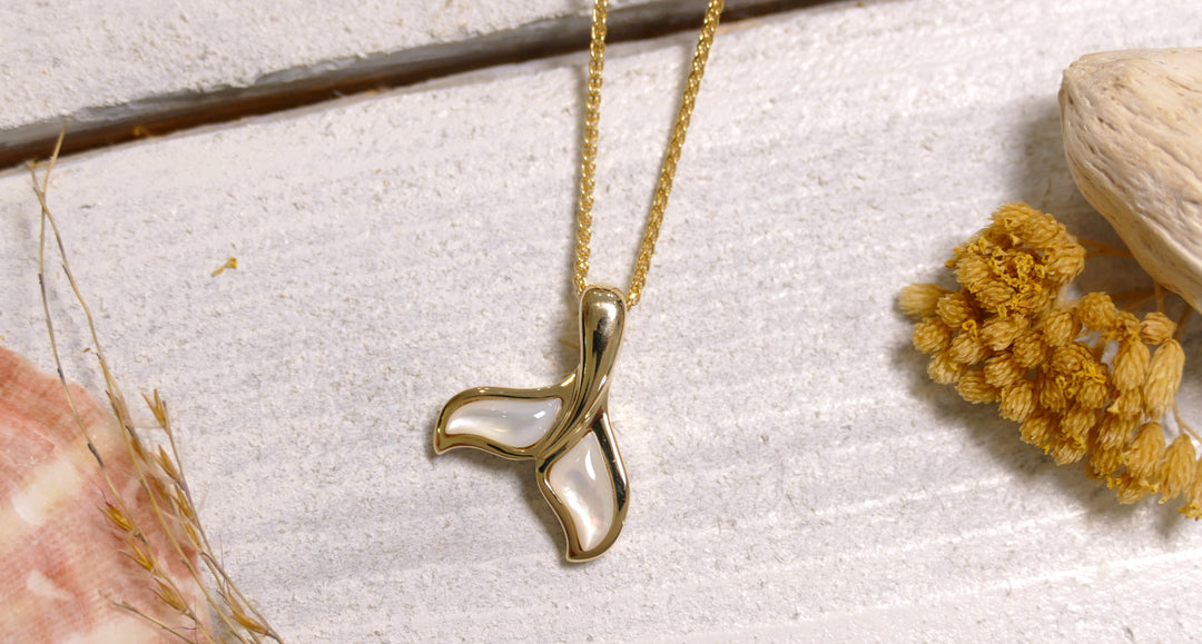 14k - Yellow Gold Mother of Pearl Whale Tail Pendant