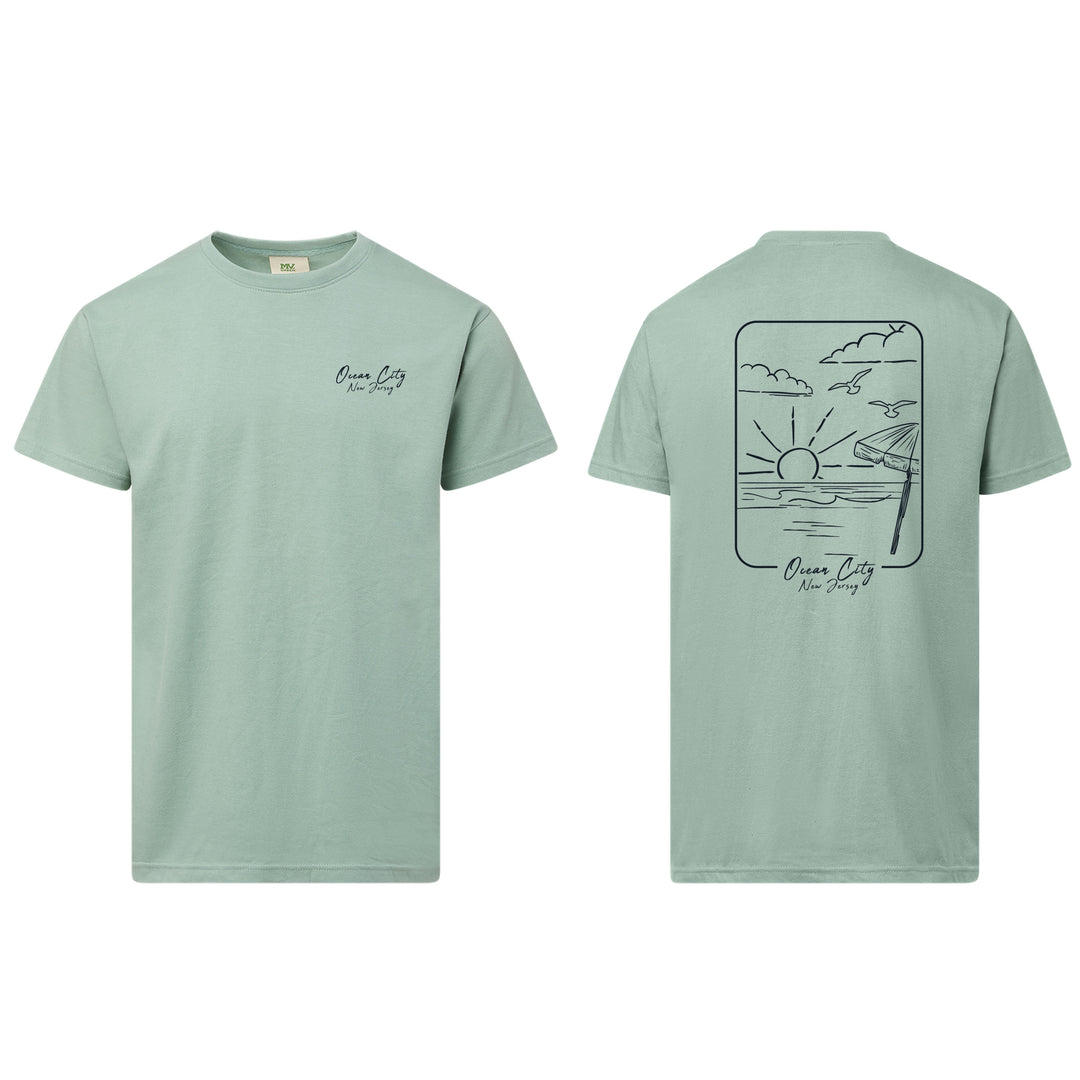 Ocean City Classics - Short Sleeve Beach Scene T-Shirt - Sage Green