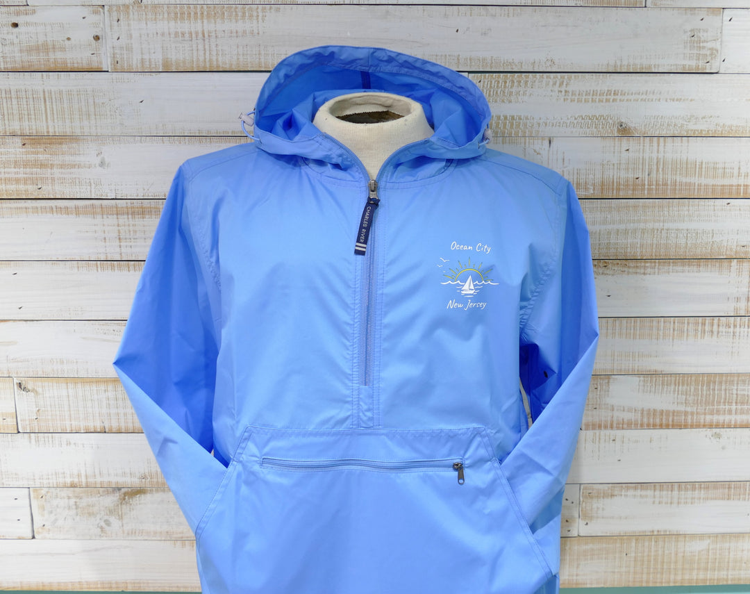 Charles River - Long Sleeve 1/4 Zip Hooded Pack & Go Rain Jacket - Capri Blue