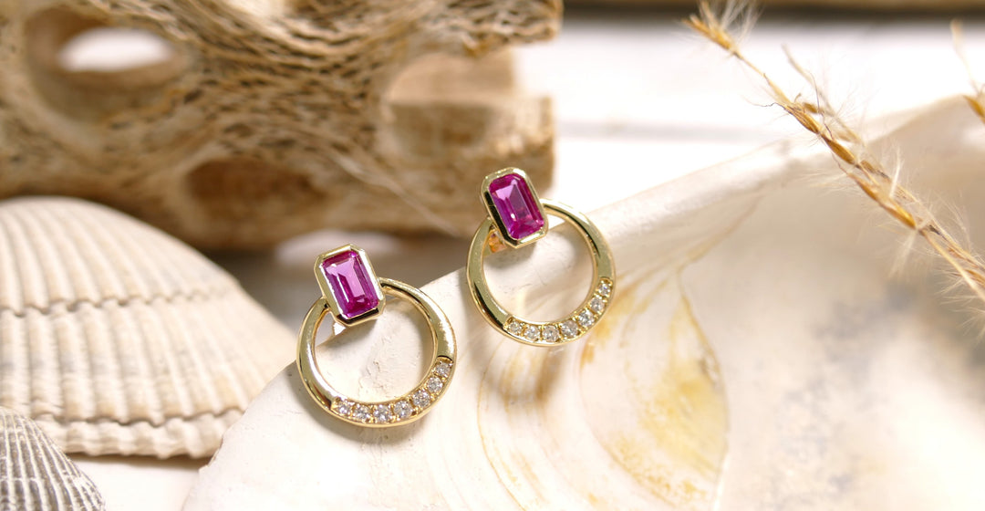 14k Yellow Gold Emerald Cut 0.13CT Dia - Pink CZ - Diamond Stud Earrings