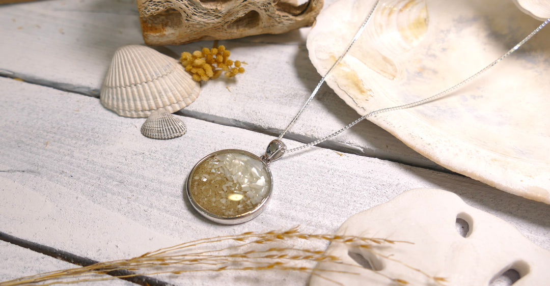 Dune - Sterling Silver - "The Mediterranean" Round Mother of Pearl Ocean City Beach Sand Necklace