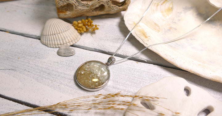 Dune - Sterling Silver - "The Mediterranean" Round Mother of Pearl Ocean City Beach Sand Necklace