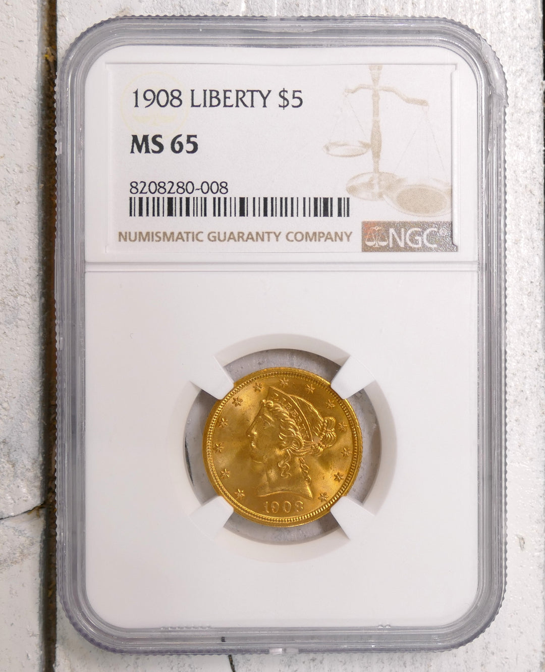 US 1908 $5 gold coin Philadelphia Mint MS 65