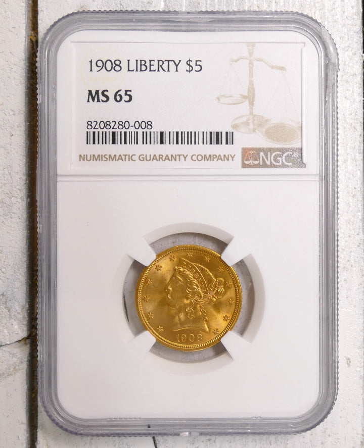 US 1908 $5 gold coin Philadelphia Mint MS 65