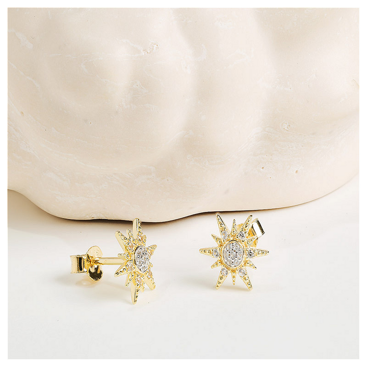 Ocean - - Gold Vermeil White Sapphire Sun Stud Earrings