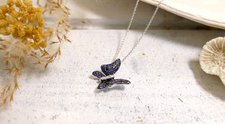 14k White Gold Sapphire Butterfly Necklace (Length 18")