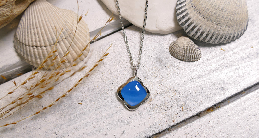 Sterling Silver - Silver Blue Cat Eye - Rhodium Clover Necklace
