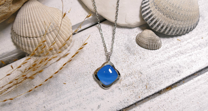 Sterling Silver - Silver Blue Cat Eye - Rhodium Clover Necklace