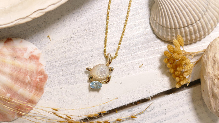 14k - Yellow Gold Blue Topaz Mother of Pearl Turtle Pendant