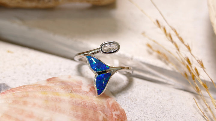 Sterling Silver - Silver Green Opal Whale Tail White Topaz Wrap Ring (Size 6)