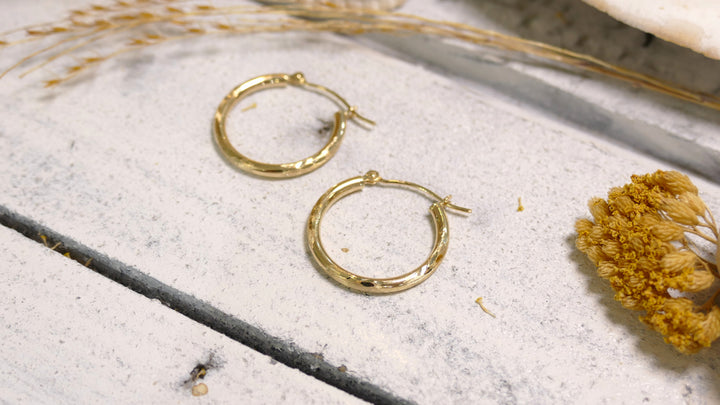 14k Yellow Gold Diamond Cut Hoop Earrings