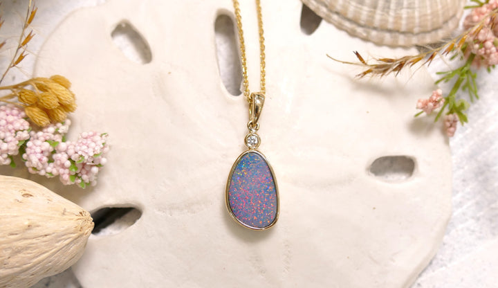 14k Yellow Gold Geometric 1 Diamond .026ct Opal Pendant