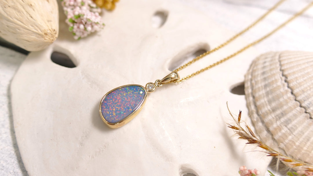 14k Yellow Gold Geometric 1 Diamond .026ct Opal Pendant