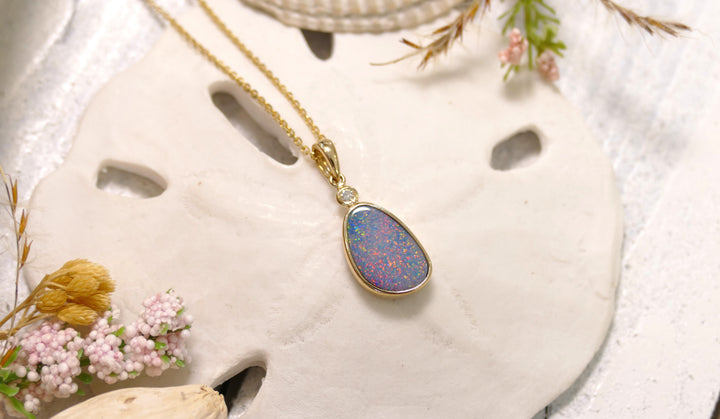 14k Yellow Gold Geometric 1 Diamond .026ct Opal Pendant