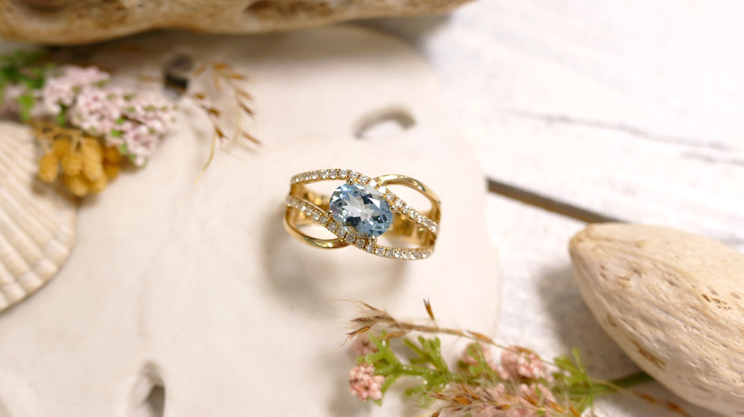 14k Yellow Gold Aquamarine 1.16ct + .352ct Diamonds Double Wave Band Ring