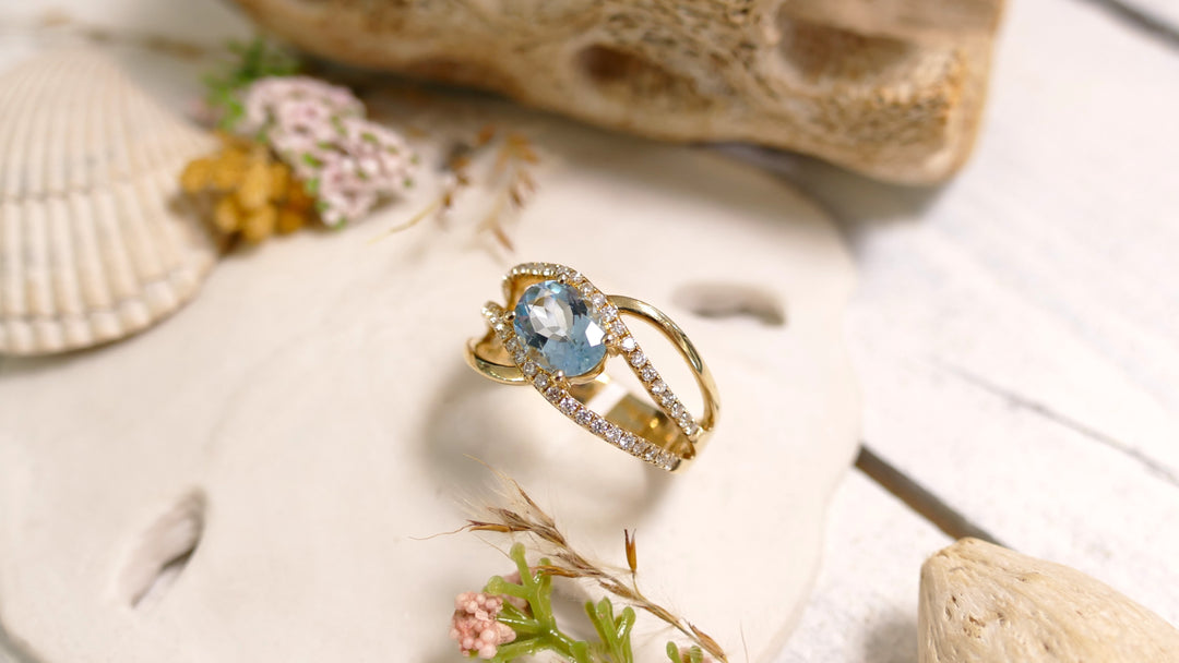 14k Yellow Gold Aquamarine 1.16ct + .352ct Diamonds Double Wave Band Ring