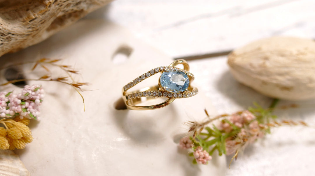 14k Yellow Gold Aquamarine 1.16ct + .352ct Diamonds Double Wave Band Ring