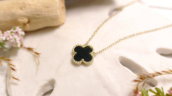 14k Yellow Gold Clover Black Onyx Necklace
