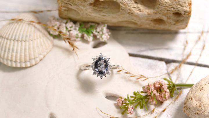14k White Gold Blue Tourmaline + Diamond 0.20ct Oval Princess Halo Ring (Size 6)