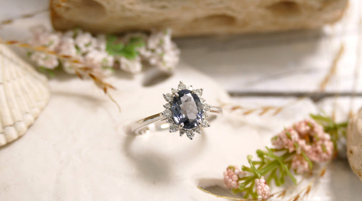 14k White Gold Blue Tourmaline + Diamond 0.20ct Oval Princess Halo Ring (Size 6)