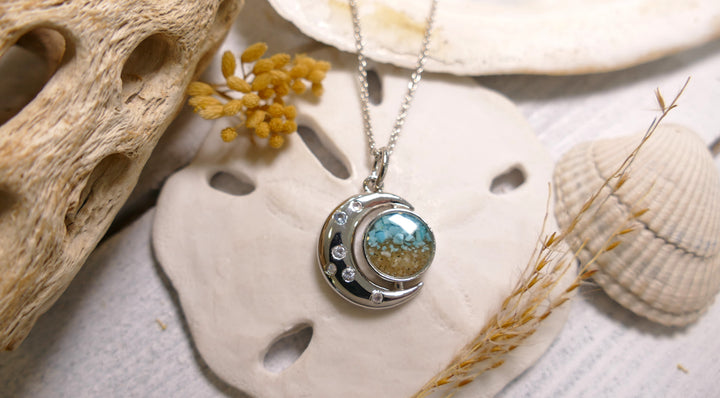 Dune - Sterling Silver - "New Moon" w/ Crystals Turquoise Gradient Ocean City Beach Sand Necklace