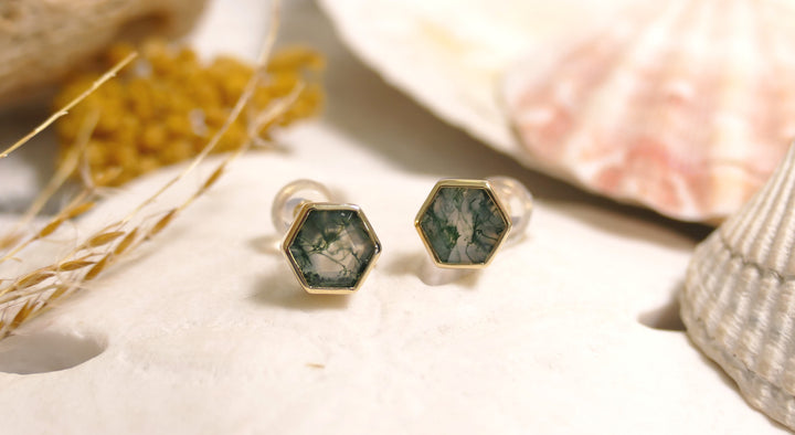 14k Yellow Gold Hexagon Moss Agate Stud Earrings