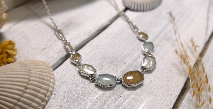 Dune - Sterling Silver - Mother of Pearl - "Rock & Tide" Aquamarine Ocean City Beach Sand Necklace