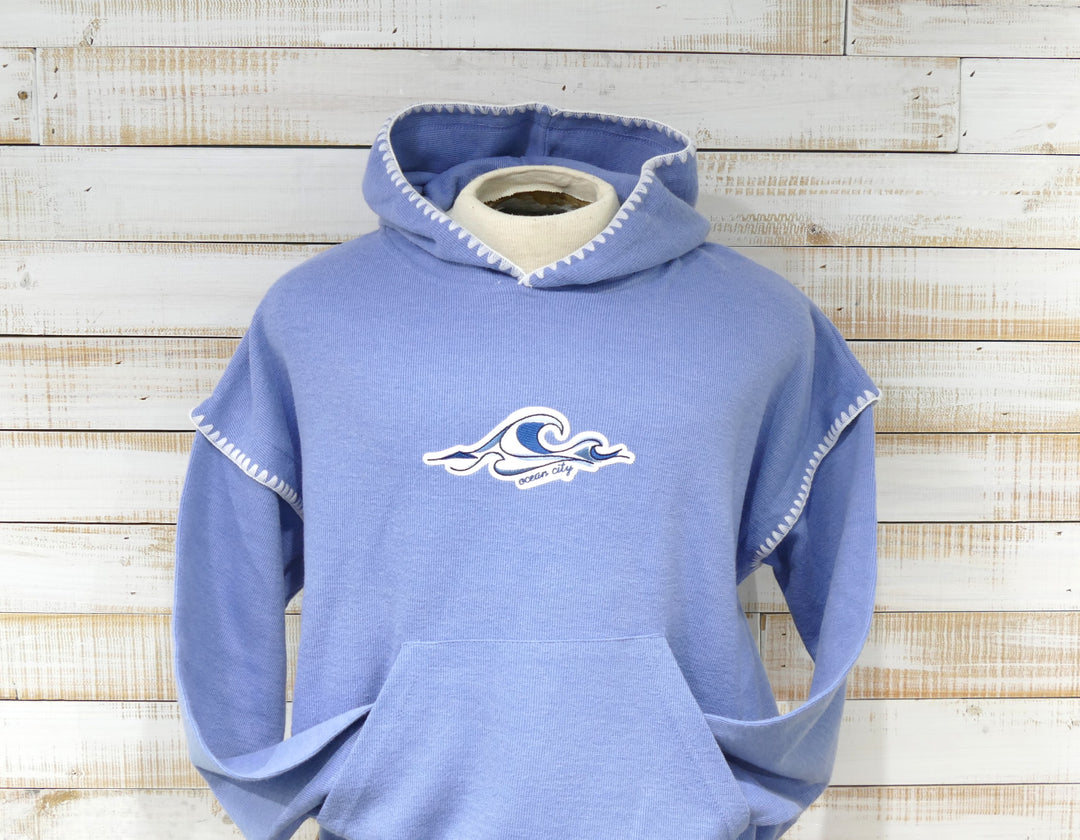 Ocean City Classics - Long Sleeve Hooded White Scallop Trim Sweatshirt - Blue Periwinkle