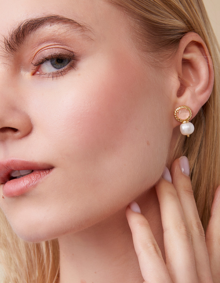 Spartina - - 18K Gold Plated Pearl Drop - Peach Stud Earrings