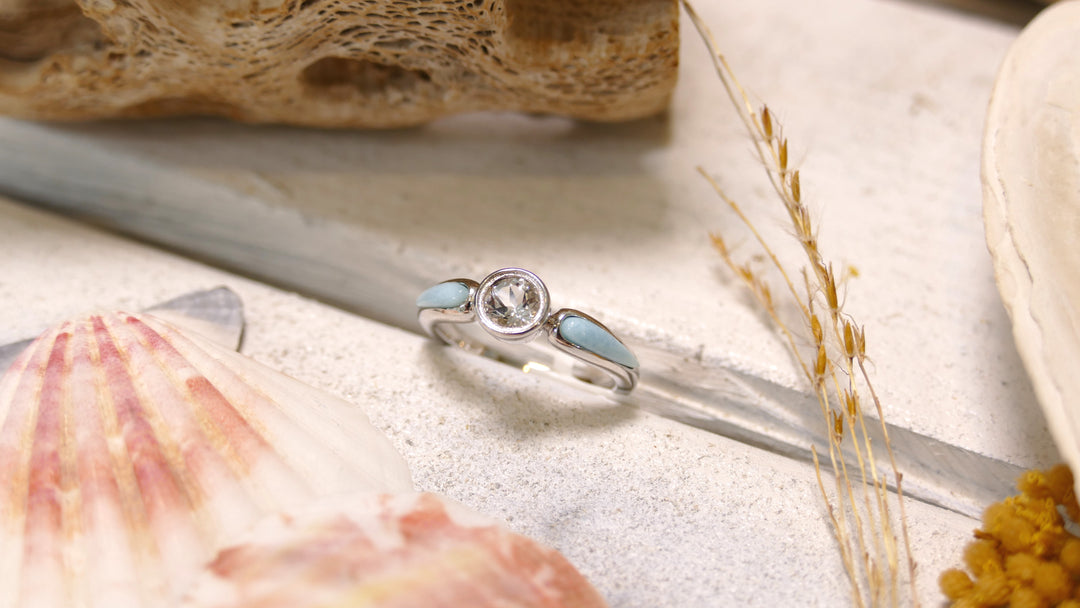 Sterling Silver - Silver White Topaz Center Larimar Ring