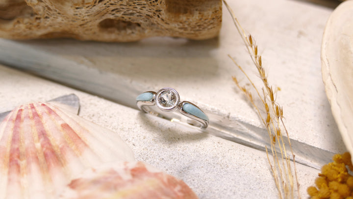 Sterling Silver - Silver White Topaz Center Larimar Ring