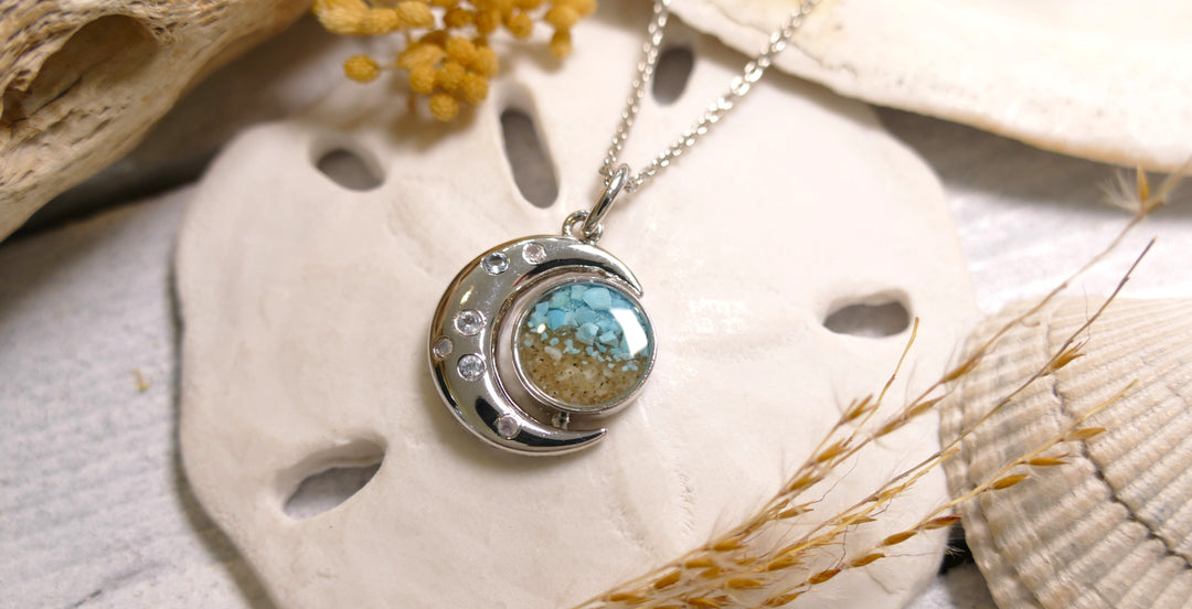 Dune - Sterling Silver - "New Moon" w/ Crystals Turquoise Gradient Ocean City Beach Sand Necklace
