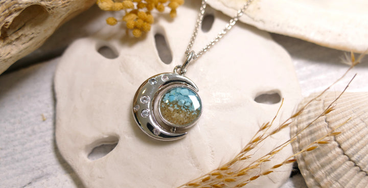 Dune - Sterling Silver - "New Moon" w/ Crystals Turquoise Gradient Ocean City Beach Sand Necklace