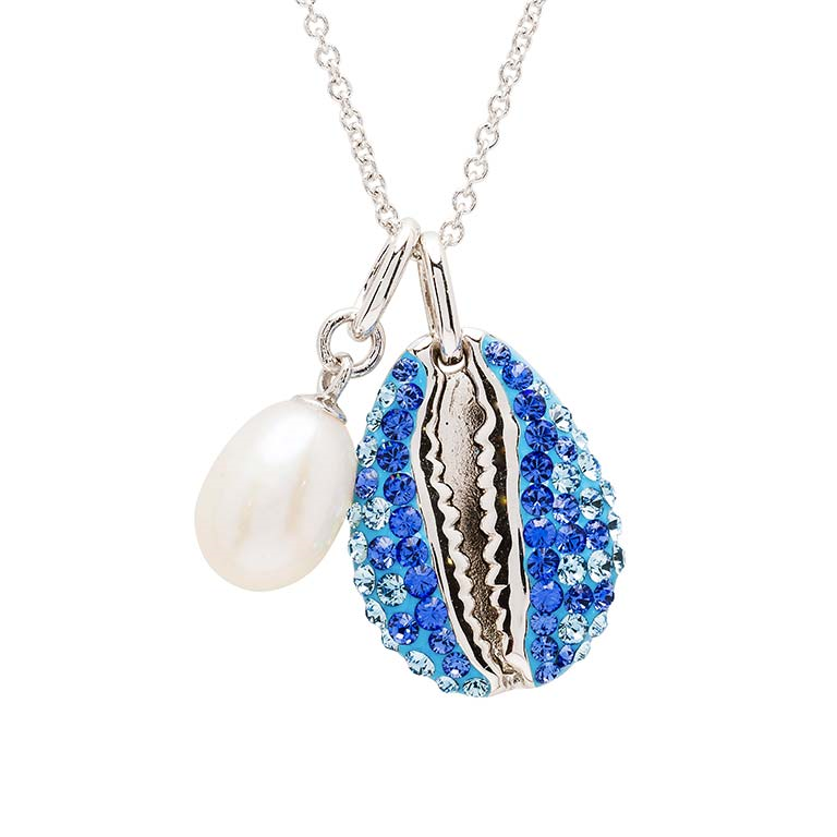 Ocean - Sterling Silver - Cowrie Pearl & Crystal 18" Dangle Shell Necklace