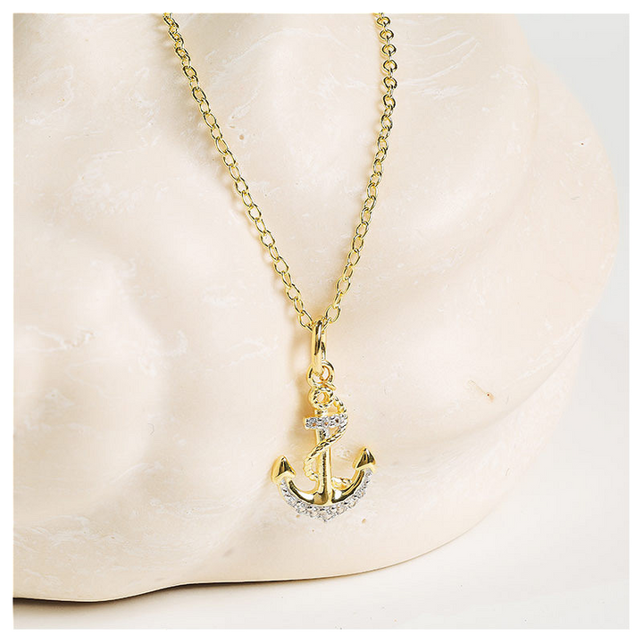Ocean - - Gold Vermeil White Sapphire Anchor Necklace