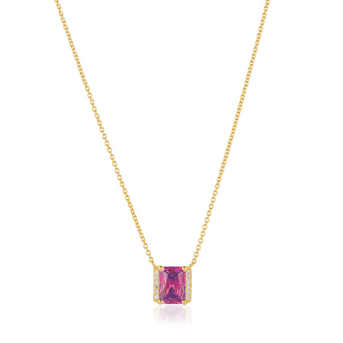 Sif Jakobs - Sterling Silver - 18K Gold Plated "Roccanova" Pink Cubic Zirconia Emerald Cut Necklace (45cm adjustable)