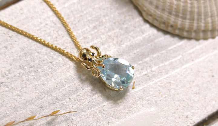 14k - Yellow Gold Octopus Blue Topaz Pendant
