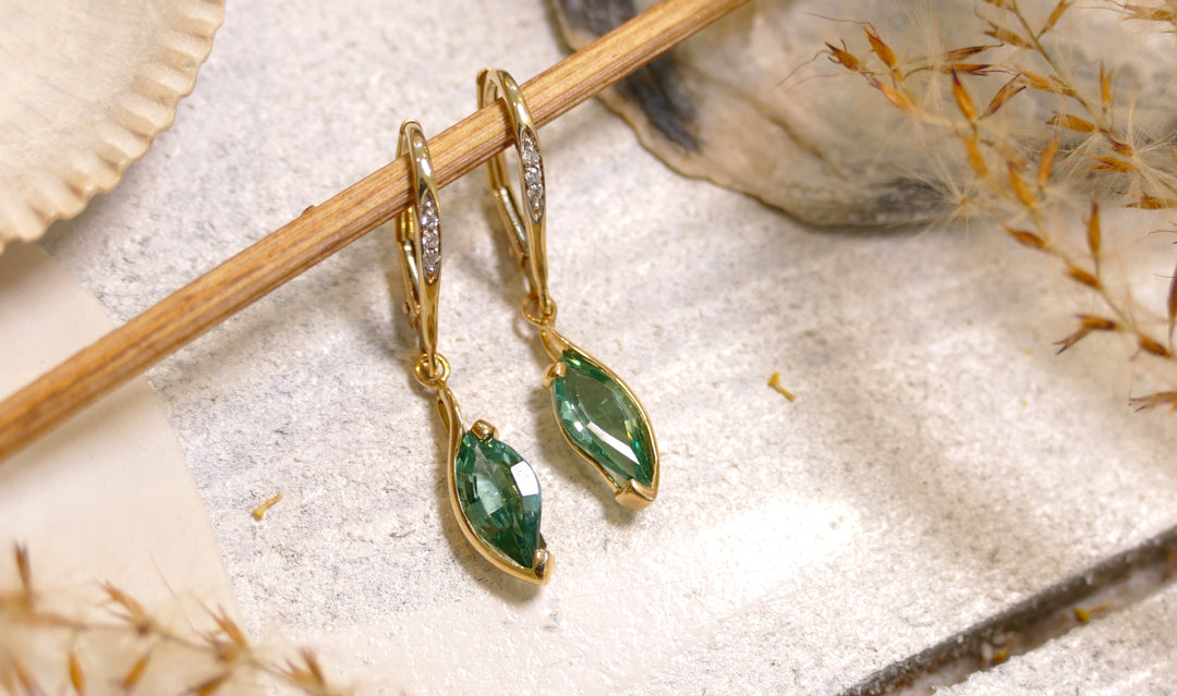 14k Yellow Gold Marquise Caribbean Topaz Accent Diamonds Dangle Earrings