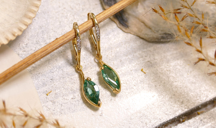 14k Yellow Gold Marquise Caribbean Topaz Accent Diamonds Dangle Earrings