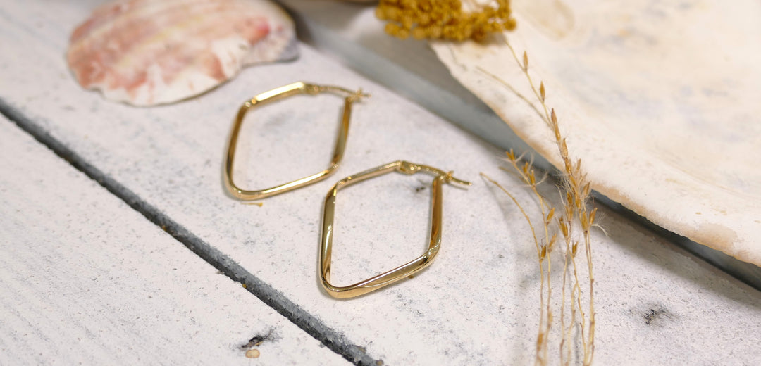 14k Yellow Gold Irregular Diamond Shape Hoop Earrings