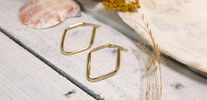 14k Yellow Gold Irregular Diamond Shape Hoop Earrings