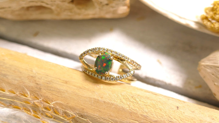 14k Yellow Gold Natural Diamond Oval Cat Eye Twist - Green Ethiopian Opal (0.43ct) Ring (Size 6)